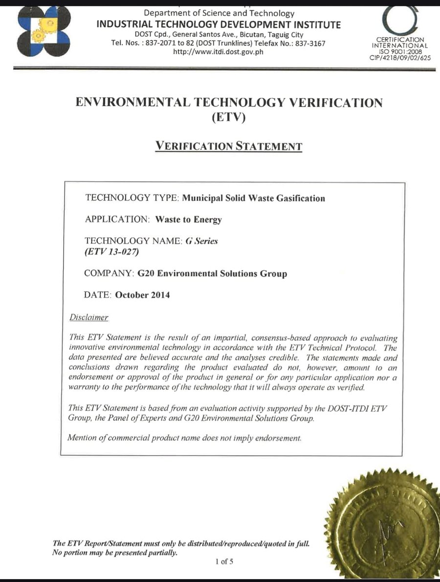 DOST-ITDI Environmental Technology Verification statement for the G Series municipal solid waste gasification technology